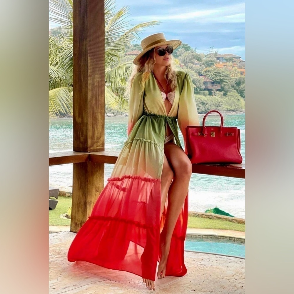 Bohemian Beach Kimono Ombre Print Long Sleeves Swimsuit Coverup Tunic